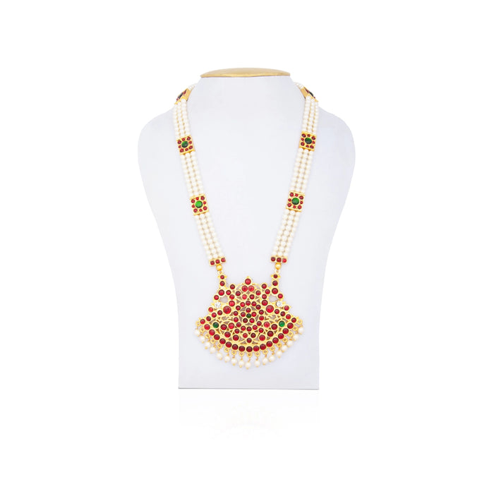Kemp Moti Haram - 11 Inches | 3 Line Long Necklace/ Moti Jewellery for Dance - Bharatanatyam Jewellery