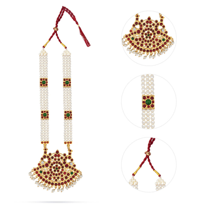 Kemp Moti Haram - 11 Inches | 3 Line Long Necklace/ Moti Jewellery for Dance - Bharatanatyam Jewellery