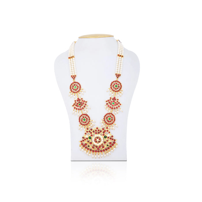 Kemp Moti Haram - 11 Inches | 3 Line Long Necklace/ Moti Jewellery for Dance - Bharatanatyam Jewellery