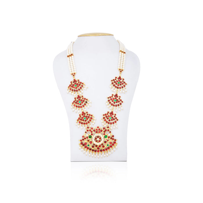 Kemp Moti Haram - 11 Inches | 3 Line Long Necklace/ Moti Jewellery for Dance - Bharatanatyam Jewellery