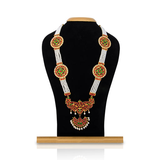 Kemp Moti Haram - 13 Inches | Long 4 Line Moti Necklace/ Kemp Jewellery for Dance - Bharatanatyam Jewellery
