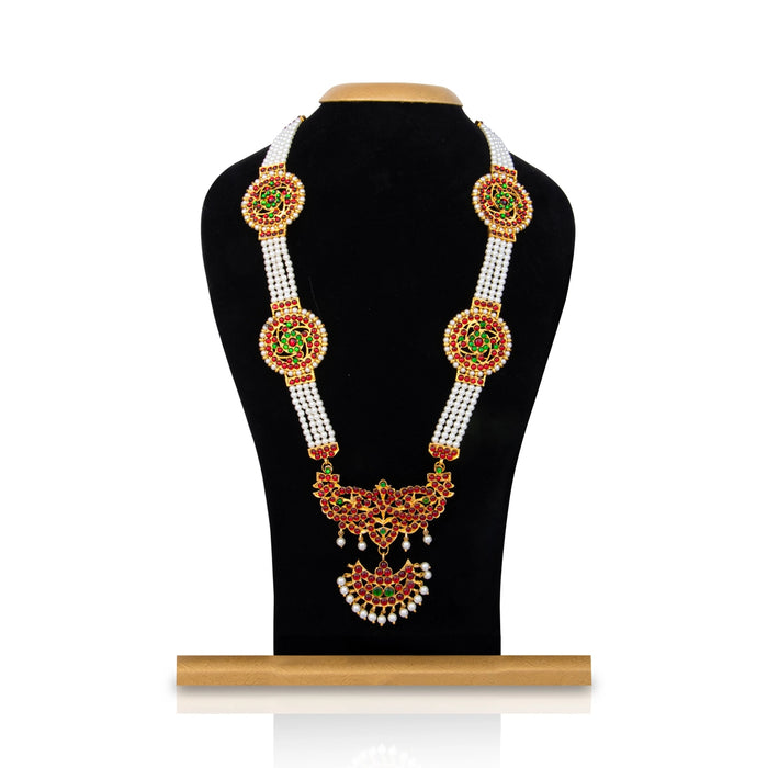 Kemp Moti Haram - 13 Inches | Long 4 Line Moti Necklace/ Kemp Jewellery for Dance - Bharatanatyam Jewellery