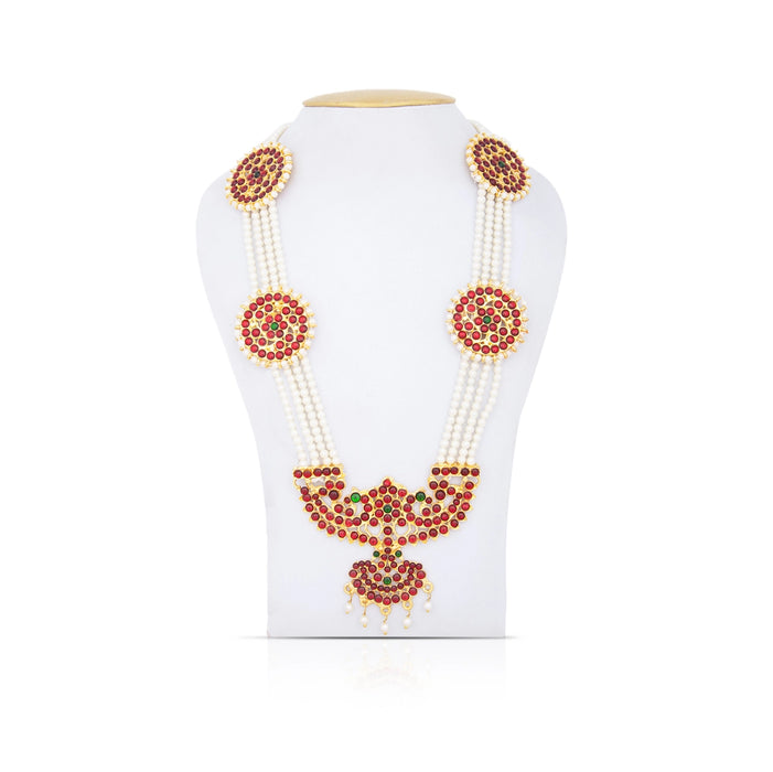 Kemp Moti Haram - 13 Inches | Long 4 Line Moti Necklace/ Kemp Jewellery for Dance - Bharatanatyam Jewellery