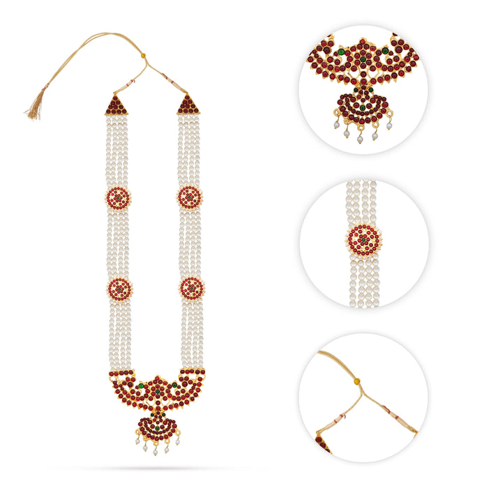 Kemp Moti Haram - 13 Inches | Long 4 Line Moti Necklace/ Kemp Jewellery for Dance - Bharatanatyam Jewellery