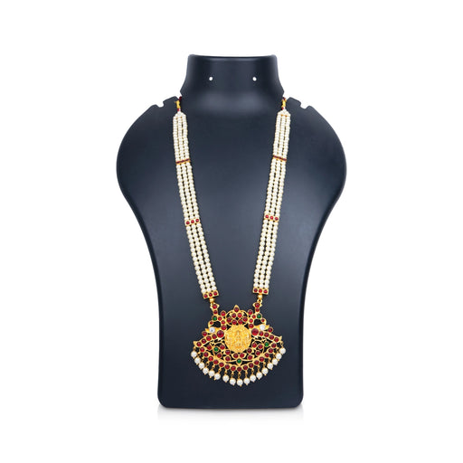 Kemp Moti Haram - 12 Inches | Kemp 3 Line Long Necklace/ Multi Colour Stone Jewellery for Dance - Bharatanatyam Jewellery