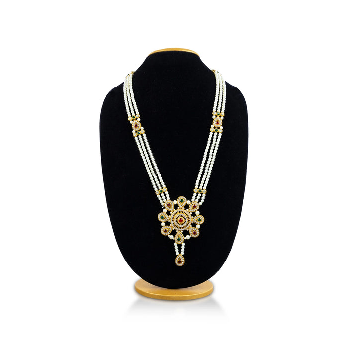 White Moti Mala With Multicolour Stone Dollar - 18 Inches | 3 Line Pearl Mala/ Artificial Jewelry for Women - Ethnic Wear Accessories