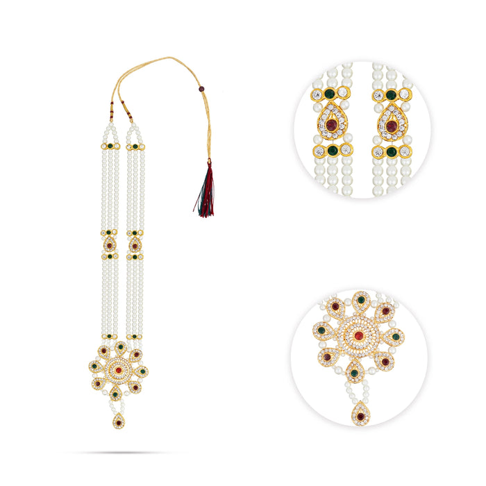 White Moti Mala With Multicolour Stone Dollar - 18 Inches | 3 Line Pearl Mala/ Artificial Jewelry for Women - Ethnic Wear Accessories