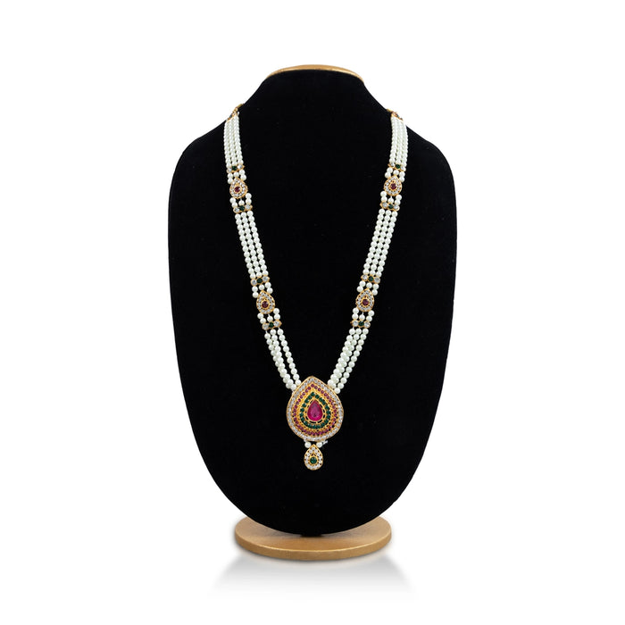 White Moti Mala With Multicolour Stone Dollar - 14 Inches | 3 Line Pearl Mala/ Artificial Jewelry for Women - Ethnic Wear Accessories