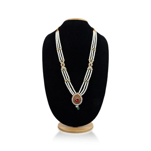 White Moti Mala With Multicolour Stone Dollar - 14 Inches | 3 Line Pearl Mala/ Artificial Jewelry for Women - Ethnic Wear Accessories