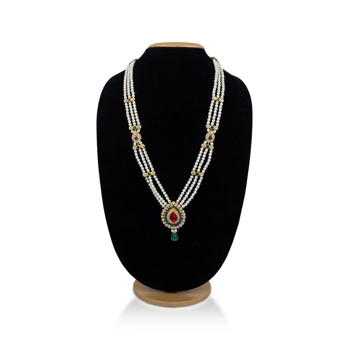 White Moti Mala With Multicolour Stone Dollar - 14 Inches | 3 Line Pearl Mala/ Artificial Jewelry for Women - Ethnic Wear Accessories