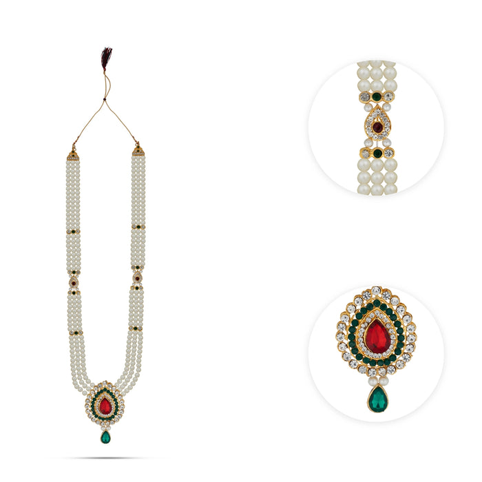 White Moti Mala With Multicolour Stone Dollar - 14 Inches | 3 Line Pearl Mala/ Artificial Jewelry for Women - Ethnic Wear Accessories