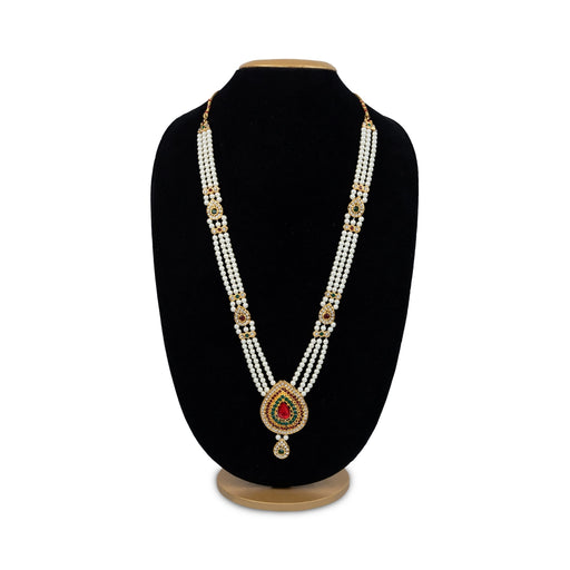 White Moti Mala With Multicolour Stone Dollar - 16 Inches | 3 Line Pearl Mala/ Artificial Jewelry for Women - Ethnic Wear Accessories