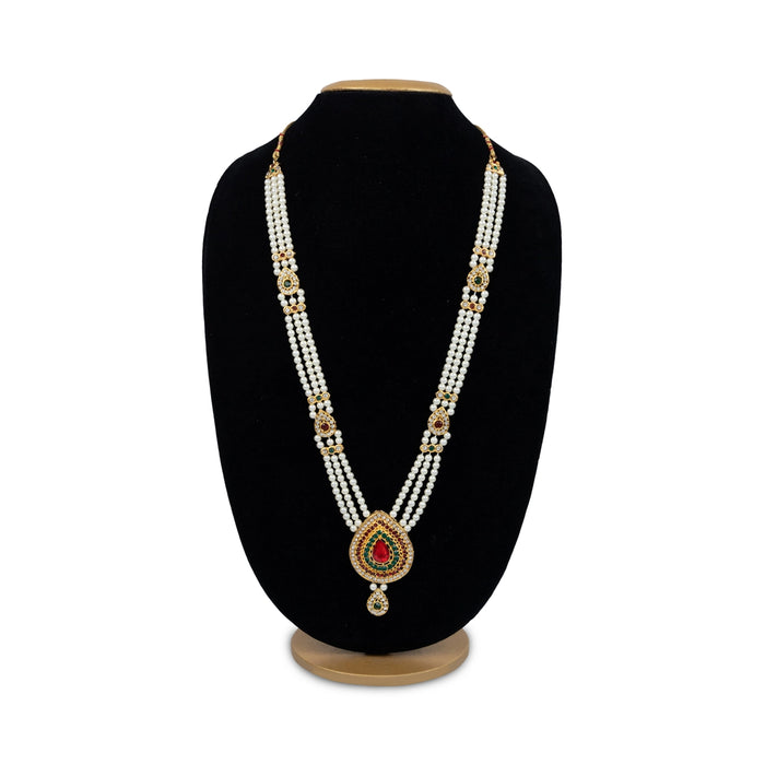 White Moti Mala With Multicolour Stone Dollar - 16 Inches | 3 Line Pearl Mala/ Artificial Jewelry for Women - Ethnic Wear Accessories