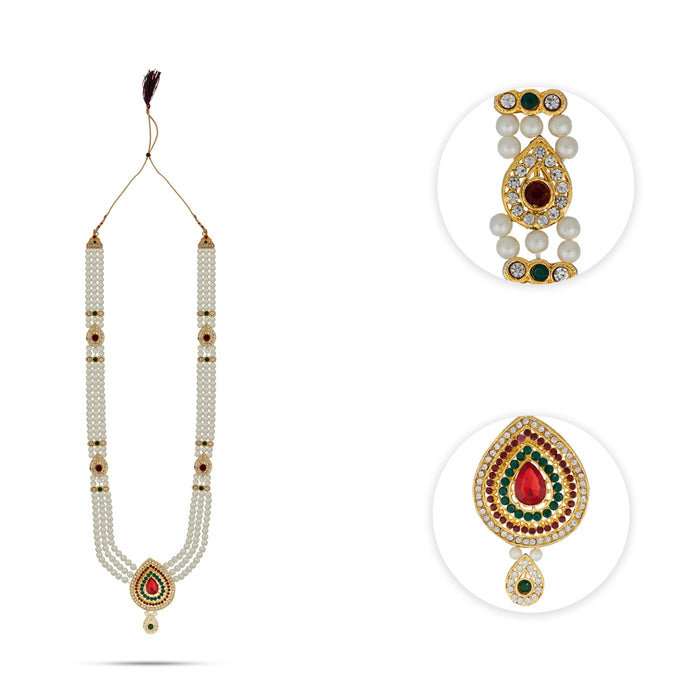 White Moti Mala With Multicolour Stone Dollar - 16 Inches | 3 Line Pearl Mala/ Artificial Jewelry for Women - Ethnic Wear Accessories