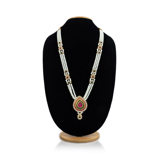 White Moti Mala With Multicolour Stone Dollar - 16 Inches | 3 Line Pearl Mala/ Artificial Jewelry for Women - Ethnic Wear Accessories