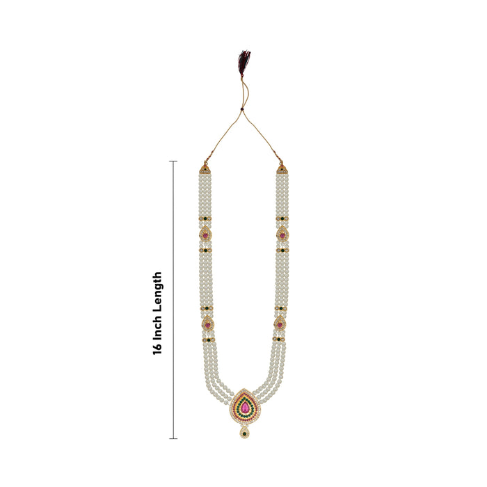 White Moti Mala With Multicolour Stone Dollar - 16 Inches | 3 Line Pearl Mala/ Artificial Jewelry for Women - Ethnic Wear Accessories