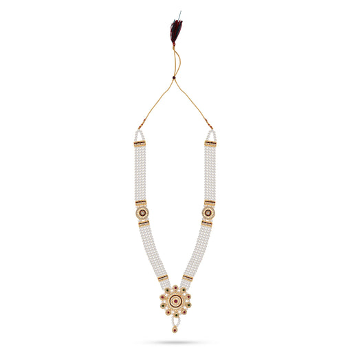 White Moti Mala With Multicolour Stone Dollar - 24 Inches | 4 Line Pearl Mala/ Artificial Jewelry for Women - Ethnic Wear Accessories