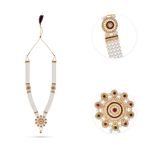 White Moti Mala With Multicolour Stone Dollar - 24 Inches | 4 Line Pearl Mala/ Artificial Jewelry for Women - Ethnic Wear Accessories