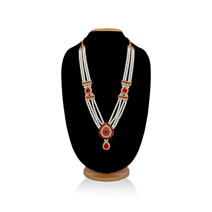 White Moti Mala With Multicolour Stone Dollar - 15 Inches | 4 Line Pearl Mala/ Artificial Jewelry for Women - Ethnic Wear Accessories