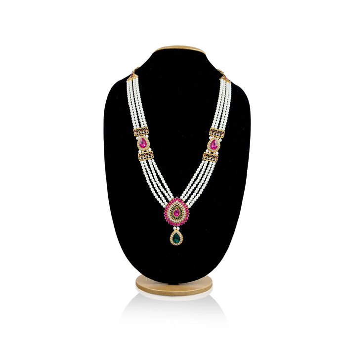 White Moti Mala With Multicolour Stone Dollar - 15 Inches | 4 Line Pearl Mala/ Artificial Jewelry for Women - Ethnic Wear Accessories