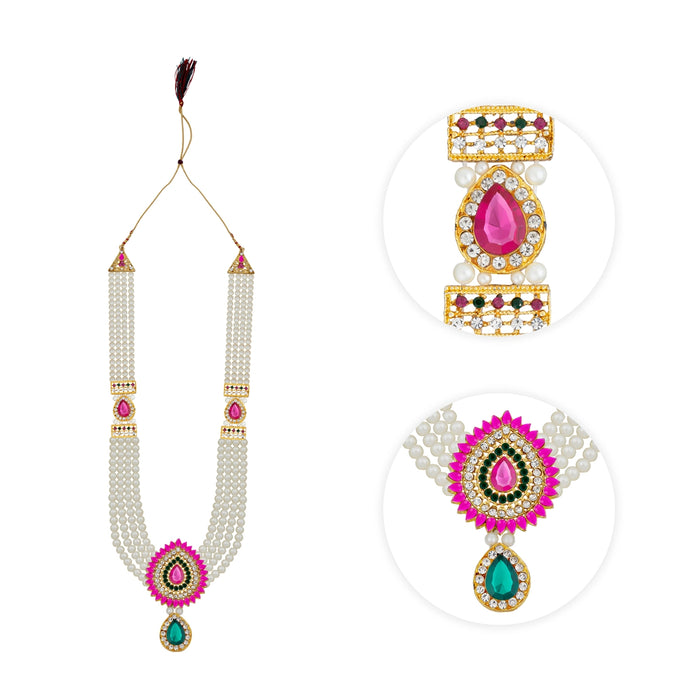 White Moti Mala With Multicolour Stone Dollar - 15 Inches | 4 Line Pearl Mala/ Artificial Jewelry for Women - Ethnic Wear Accessories