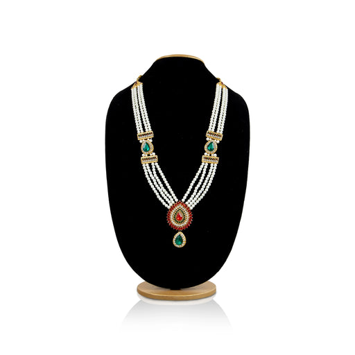 White Moti Mala With Multicolour Stone Dollar - 15 Inches | 4 Line Pearl Mala/ Artificial Jewelry for Women - Ethnic Wear Accessories