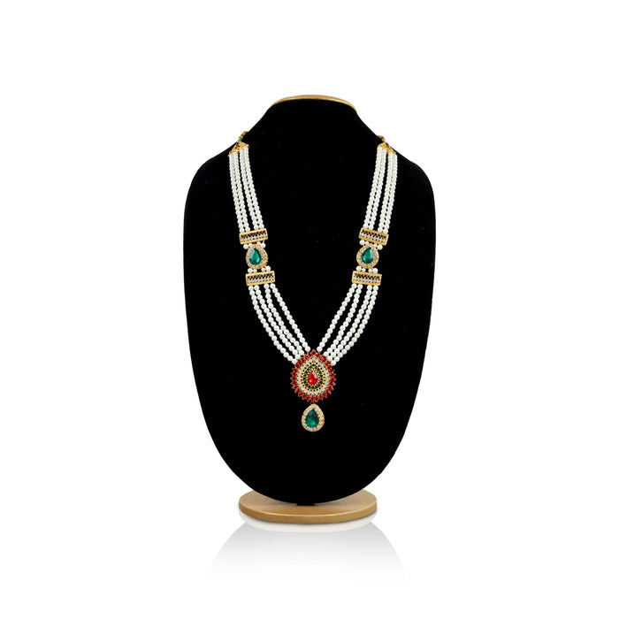 White Moti Mala With Multicolour Stone Dollar - 15 Inches | 4 Line Pearl Mala/ Artificial Jewelry for Women - Ethnic Wear Accessories