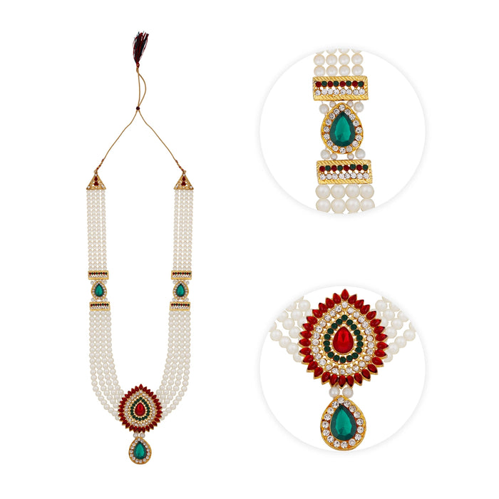 White Moti Mala With Multicolour Stone Dollar - 15 Inches | 4 Line Pearl Mala/ Artificial Jewelry for Women - Ethnic Wear Accessories