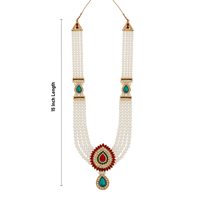 White Moti Mala With Multicolour Stone Dollar - 15 Inches | 4 Line Pearl Mala/ Artificial Jewelry for Women - Ethnic Wear Accessories