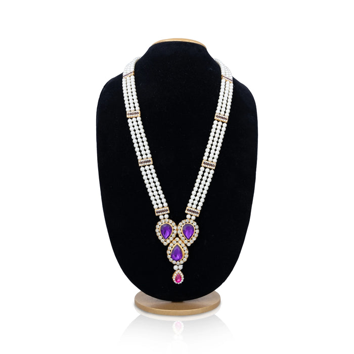 Moti Mala With Multicolour Stone Dollar - 19 Inches | 3 Line Pearl Necklace/ Pearl Mala For Bridal Wear - Ethnic Wear Accessories