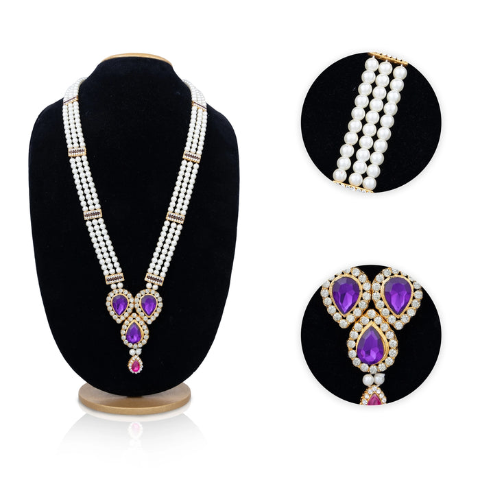 Moti Mala With Multicolour Stone Dollar - 19 Inches | 3 Line Pearl Necklace/ Pearl Mala For Bridal Wear - Ethnic Wear Accessories