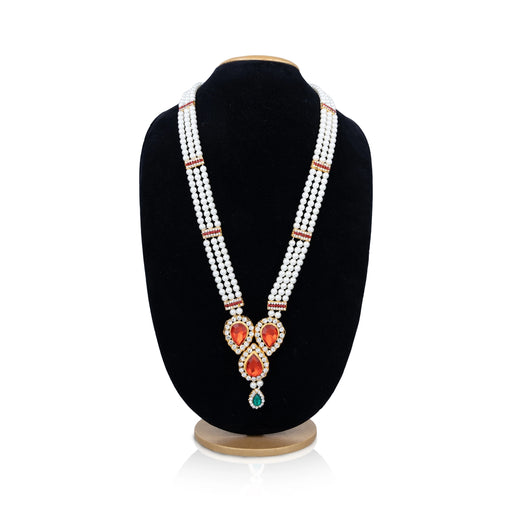 Moti Mala With Multicolour Stone Dollar - 19 Inches | 3 Line Pearl Necklace/ Pearl Mala For Bridal Wear - Ethnic Wear Accessories