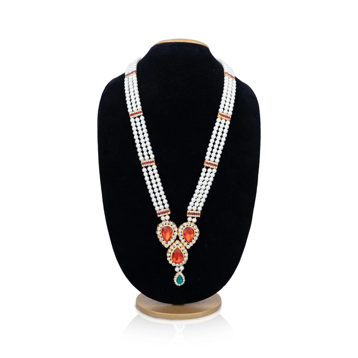 Moti Mala With Multicolour Stone Dollar - 19 Inches | 3 Line Pearl Necklace/ Pearl Mala For Bridal Wear - Ethnic Wear Accessories