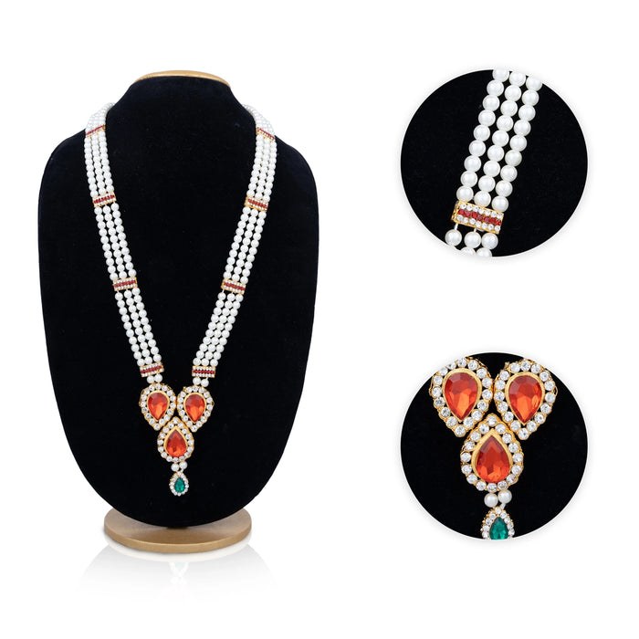 Moti Mala With Multicolour Stone Dollar - 19 Inches | 3 Line Pearl Necklace/ Pearl Mala For Bridal Wear - Ethnic Wear Accessories