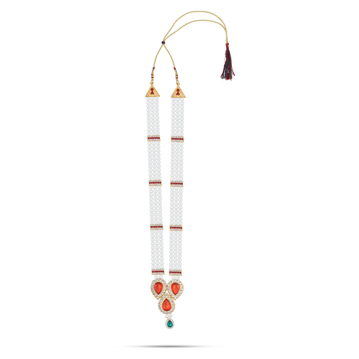 Moti Mala With Multicolour Stone Dollar - 19 Inches | 3 Line Pearl Necklace/ Pearl Mala For Bridal Wear - Ethnic Wear Accessories