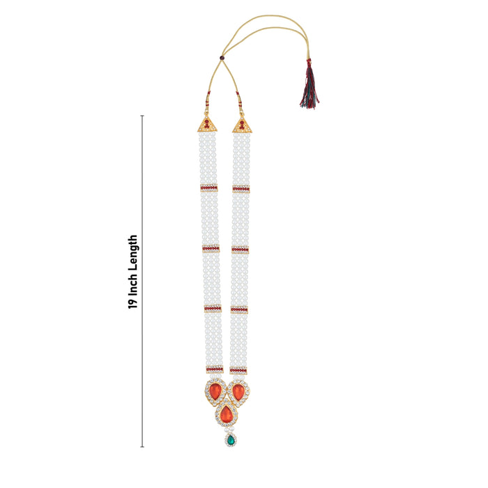 Moti Mala With Multicolour Stone Dollar - 19 Inches | 3 Line Pearl Necklace/ Pearl Mala For Bridal Wear - Ethnic Wear Accessories