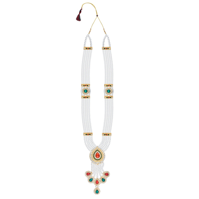 Moti Mala With Multicolour Stone Dollar - 36 Inches | 4 Line Pearl Necklace/ Pearl Mala For Bridal Wear - Ethnic Wear Accessories