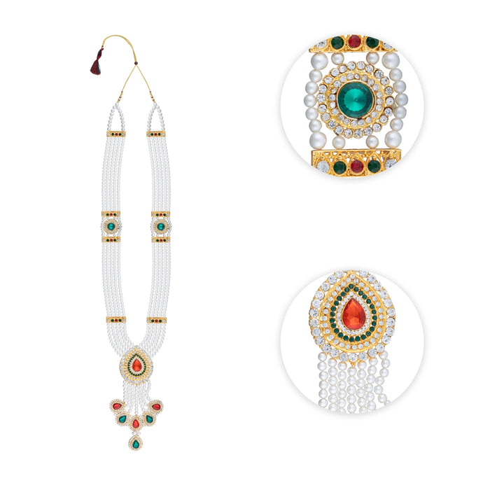 Moti Mala With Multicolour Stone Dollar - 36 Inches | 4 Line Pearl Necklace/ Pearl Mala For Bridal Wear - Ethnic Wear Accessories