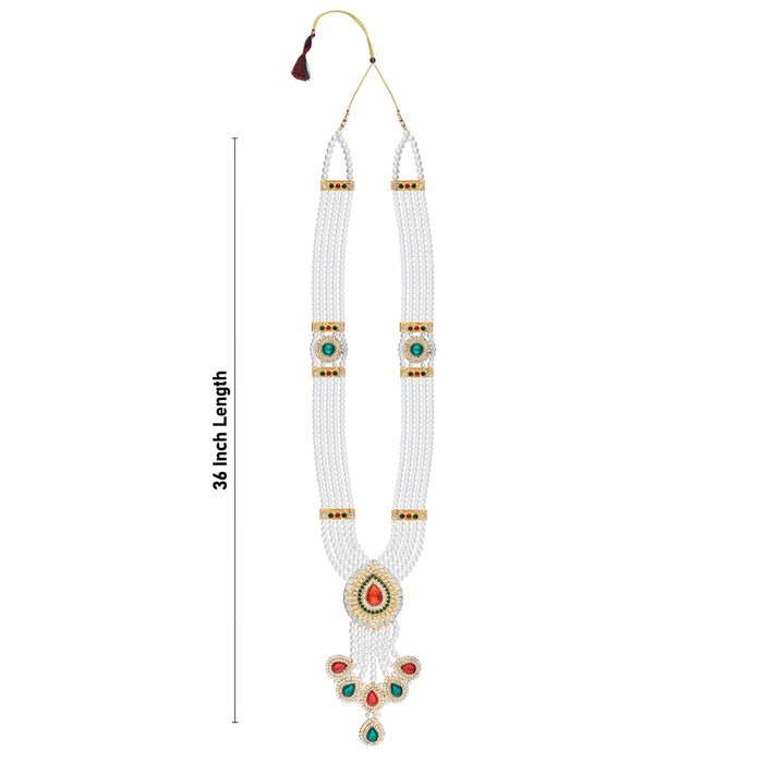 Moti Mala With Multicolour Stone Dollar - 36 Inches | 4 Line Pearl Necklace/ Pearl Mala For Bridal Wear - Ethnic Wear Accessories