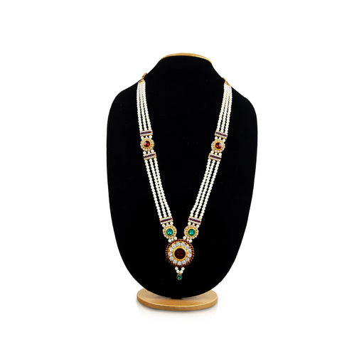 White Moti Mala With Multicolour Stone Dollar - 16 Inches | Pearl Mala/ Artificial Jewelry for Women - Ethnic Wear Accessories