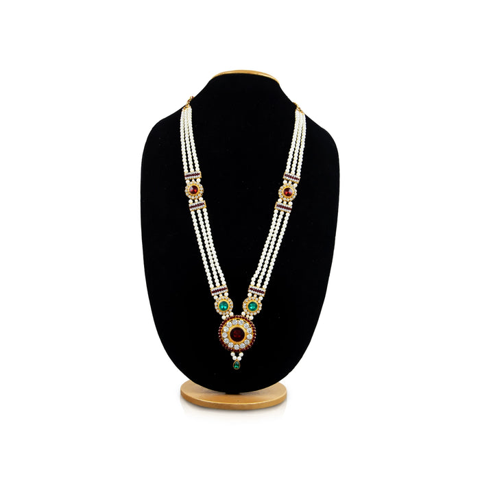 White Moti Mala With Multicolour Stone Dollar - 16 Inches | Pearl Mala/ Artificial Jewelry for Women - Ethnic Wear Accessories