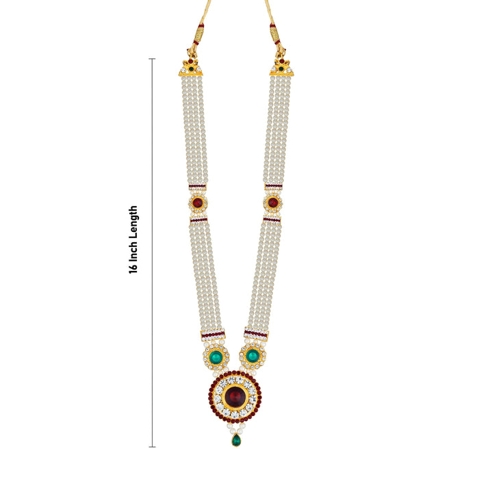 White Moti Mala With Multicolour Stone Dollar - 16 Inches | Pearl Mala/ Artificial Jewelry for Women - Ethnic Wear Accessories