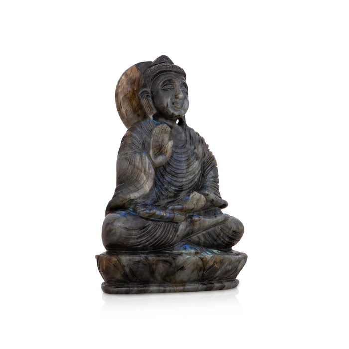 Buddha Statue Sitting On Base - 6 x 4.5 Inches | Labradorite Buddha Murti/ Buddha for Pooja - Sphatik & Semi Precious Stone Murties