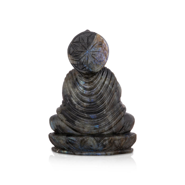 Buddha Statue Sitting On Base - 6 x 4.5 Inches | Labradorite Buddha Murti/ Buddha for Pooja - Sphatik & Semi Precious Stone Murties