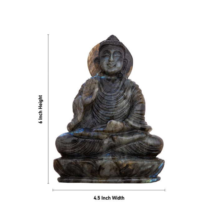 Buddha Statue Sitting On Base - 6 x 4.5 Inches | Labradorite Buddha Murti/ Buddha for Pooja - Sphatik & Semi Precious Stone Murties