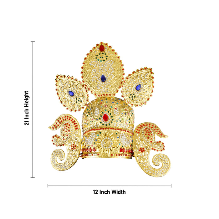 Crown - 21 x 12 Inches | Multicolour Stone Kireedam/ Mukut/ Gold Polish Kiridam for Deity - Head & Face Accessories