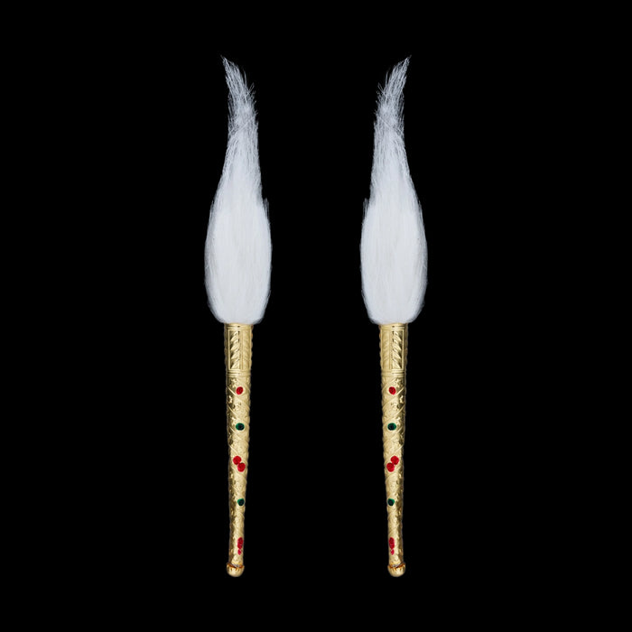 Venchamaram With Gold Polish Handle Pair - 4 Inches | 2 Pcs/ Chanwara/ Chawar/ Chaur for Deity - Deity Accessories