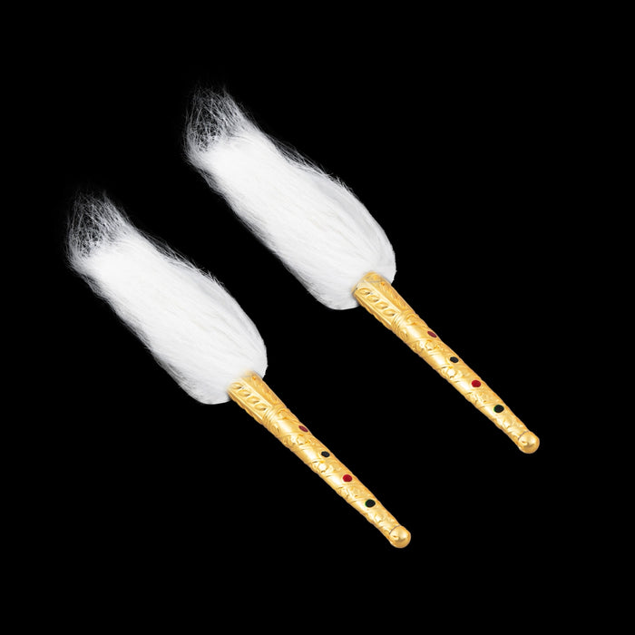 Venchamaram With Gold Polish Handle Pair - 3 Inches | 2 Pcs/ Chawar/ Chanwara/ Chaur for Deity - Deity Accessories