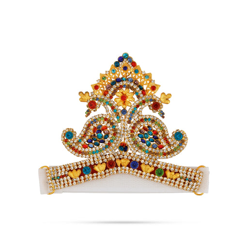Crown - 4.75 x 5 Inches | Velcro Type Kireedam/ Peacock Design Kiridam/ Multicolour Stone Mukut for Deity - Head & Face Accessories