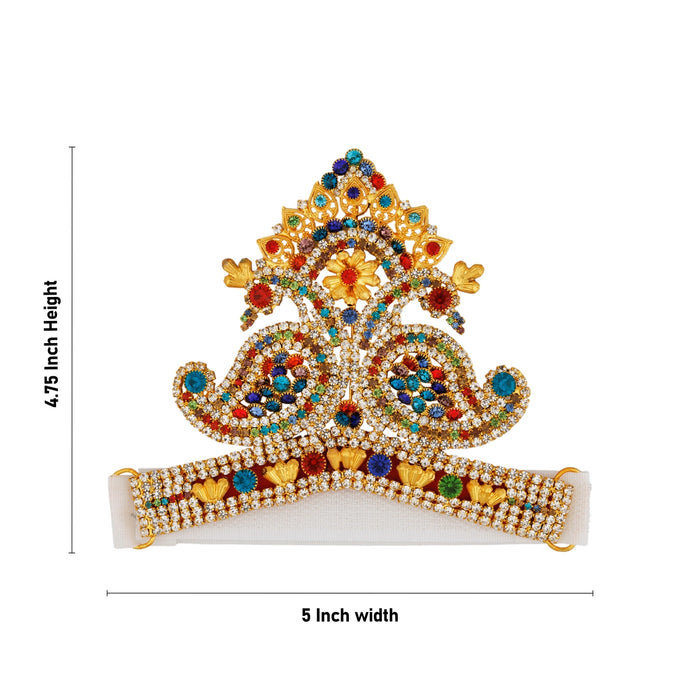 Crown - 4.75 x 5 Inches | Velcro Type Kireedam/ Peacock Design Kiridam/ Multicolour Stone Mukut for Deity - Head & Face Accessories